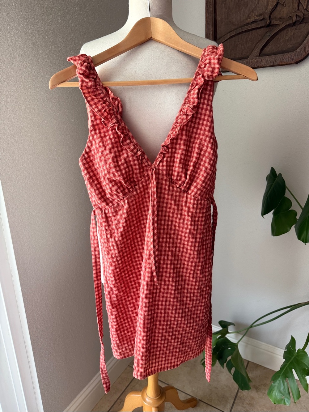 Rhythm Coral Gingham Ruffle-Trim Mini Dress